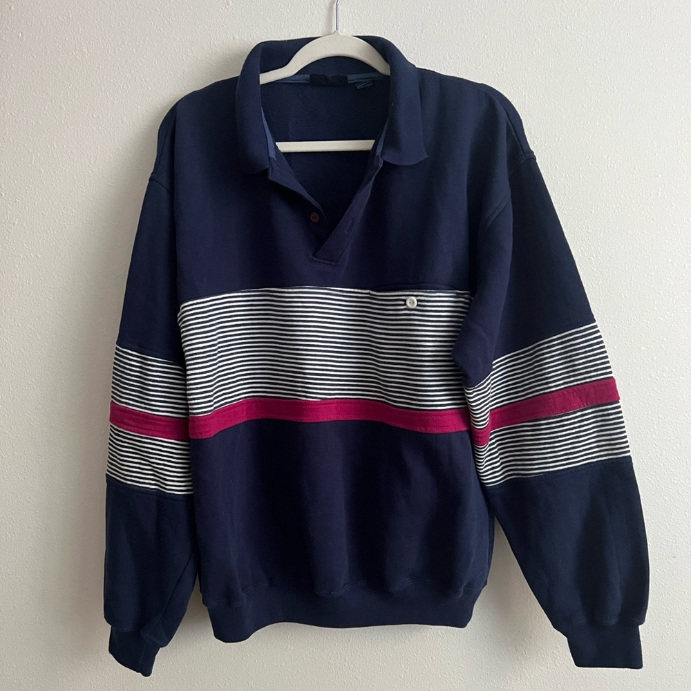 Neil Martin blue striped collared neck long sleeve sweatshirt.